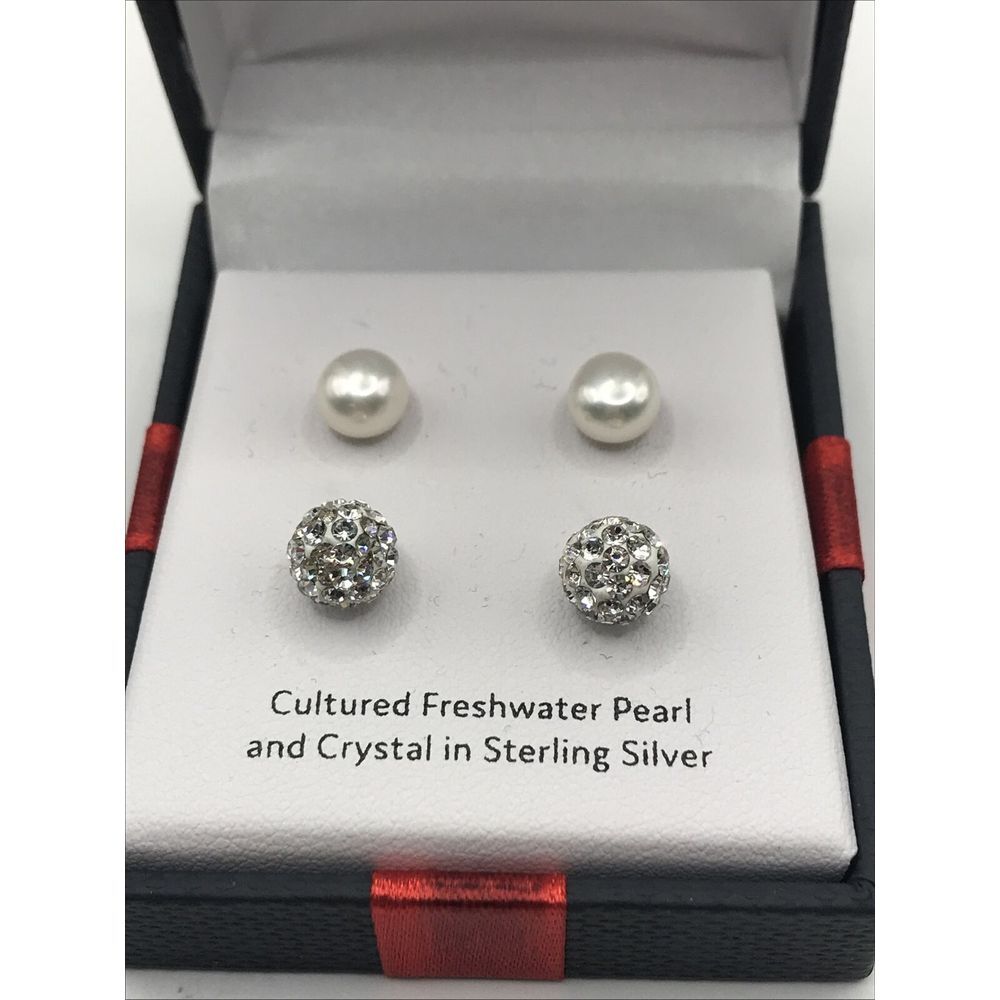 sterling silver Cultured Pearls Crystal‎ Stud EARRINGS Set gift Box MSRP $49 NWT